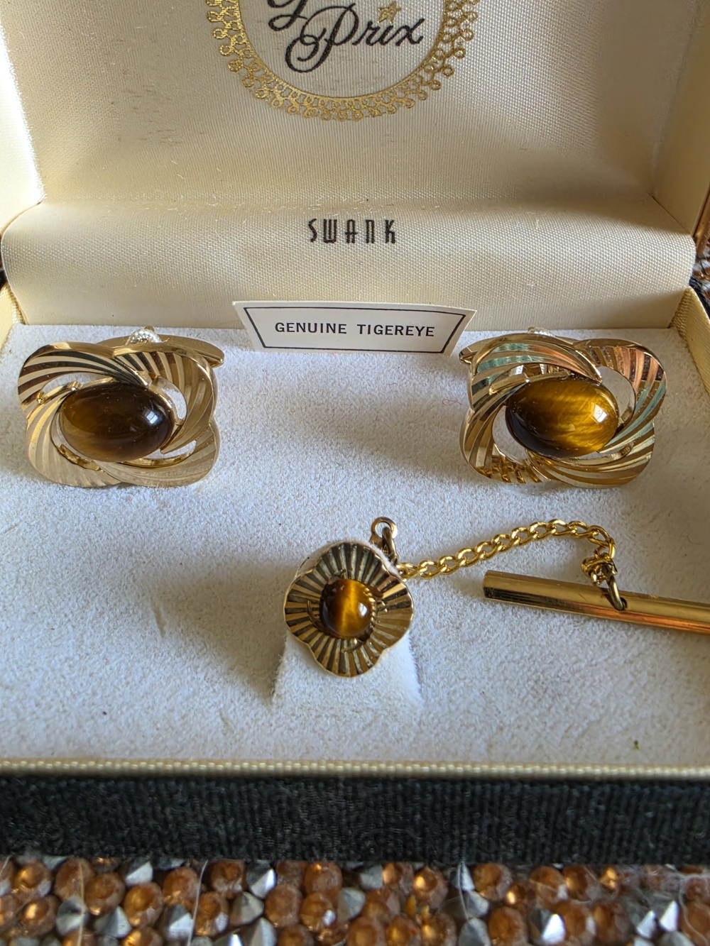 SWANK Gold-Tone Tiger's Eye Cufflinks and Tie Tack Set